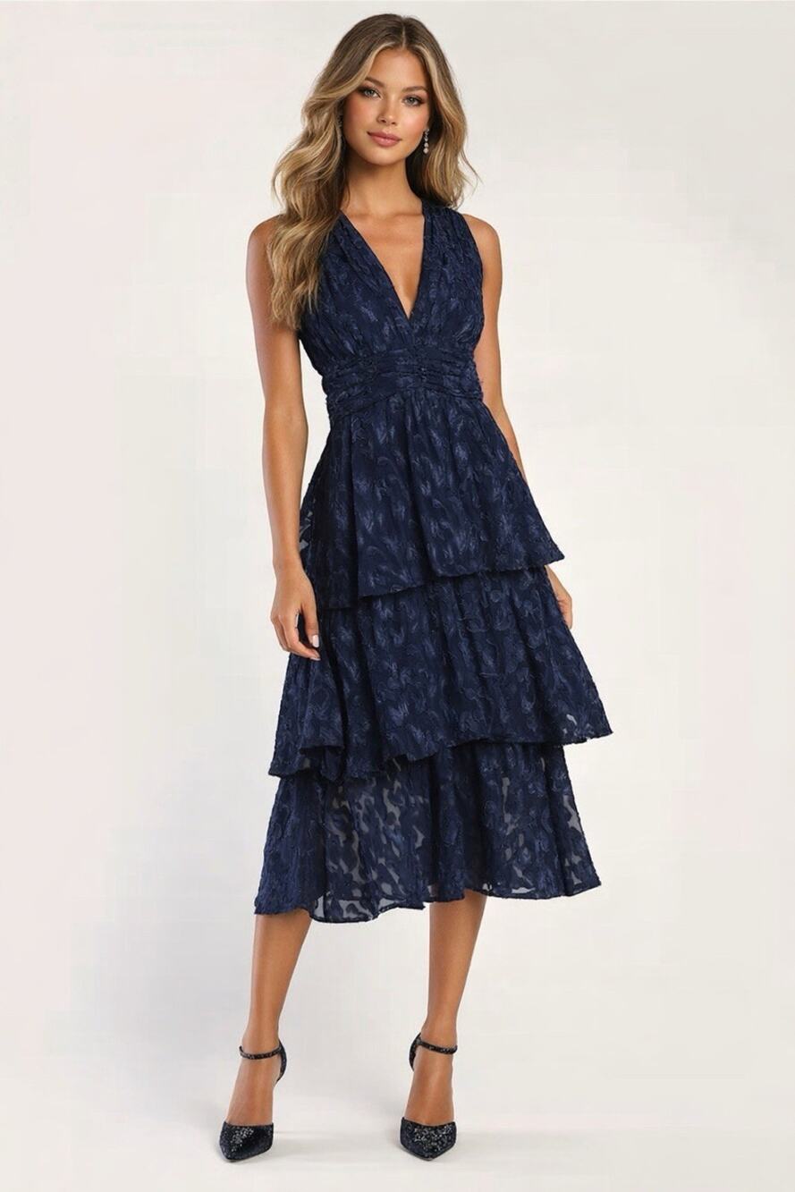 Lulu’s Make It Mesmerizing Navy Blue Jacquard Tiered Midi Dress, XS